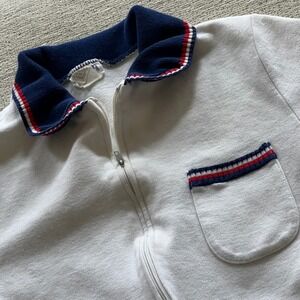 Vintage Aileen Girls Nautical Romper Blue White Red Striped Zip Front Size 11-12